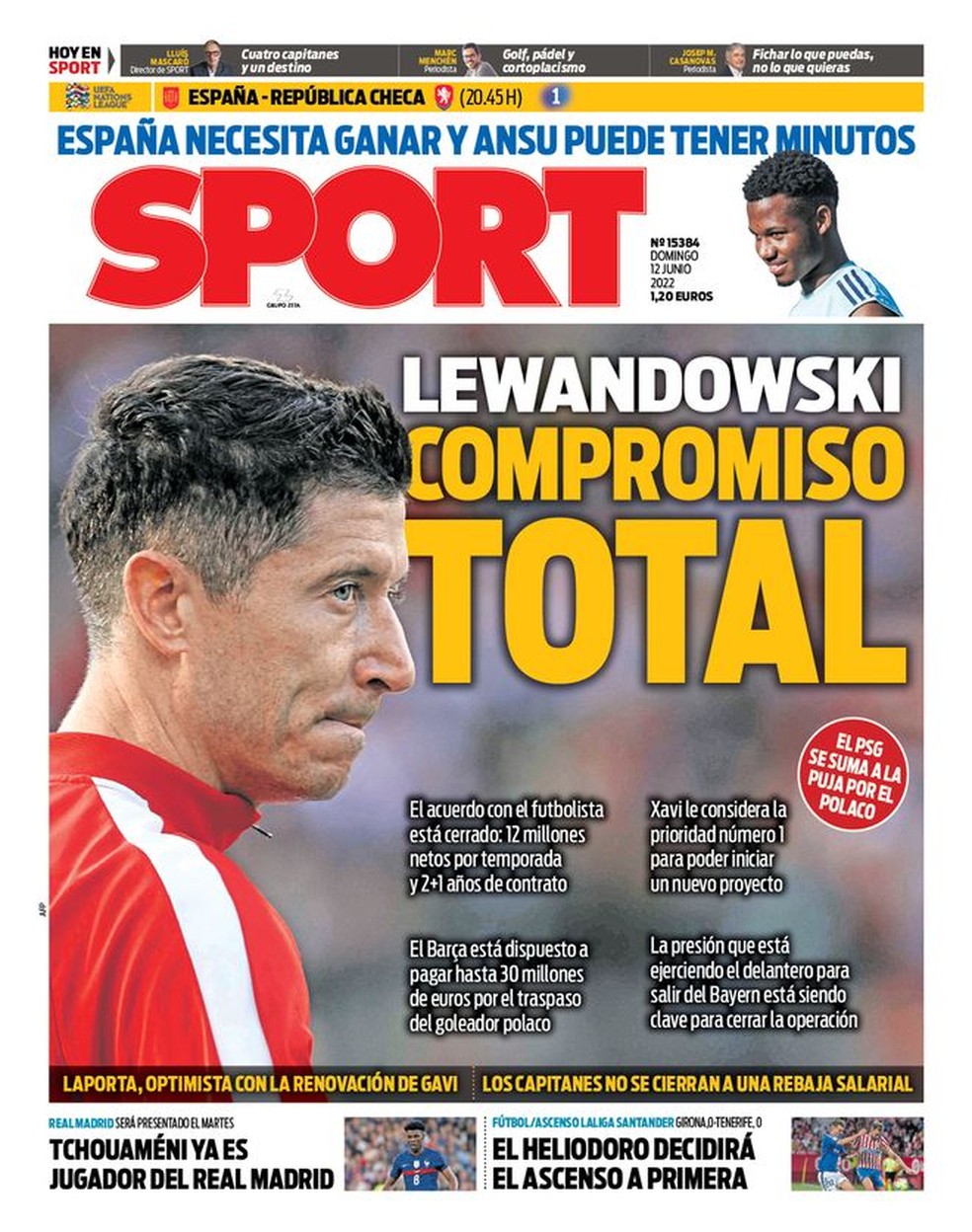 Jornal catalão Sport diz que Lewandowski tem "compromisso total" com o Barcelona — Foto: Reprodução/Sport