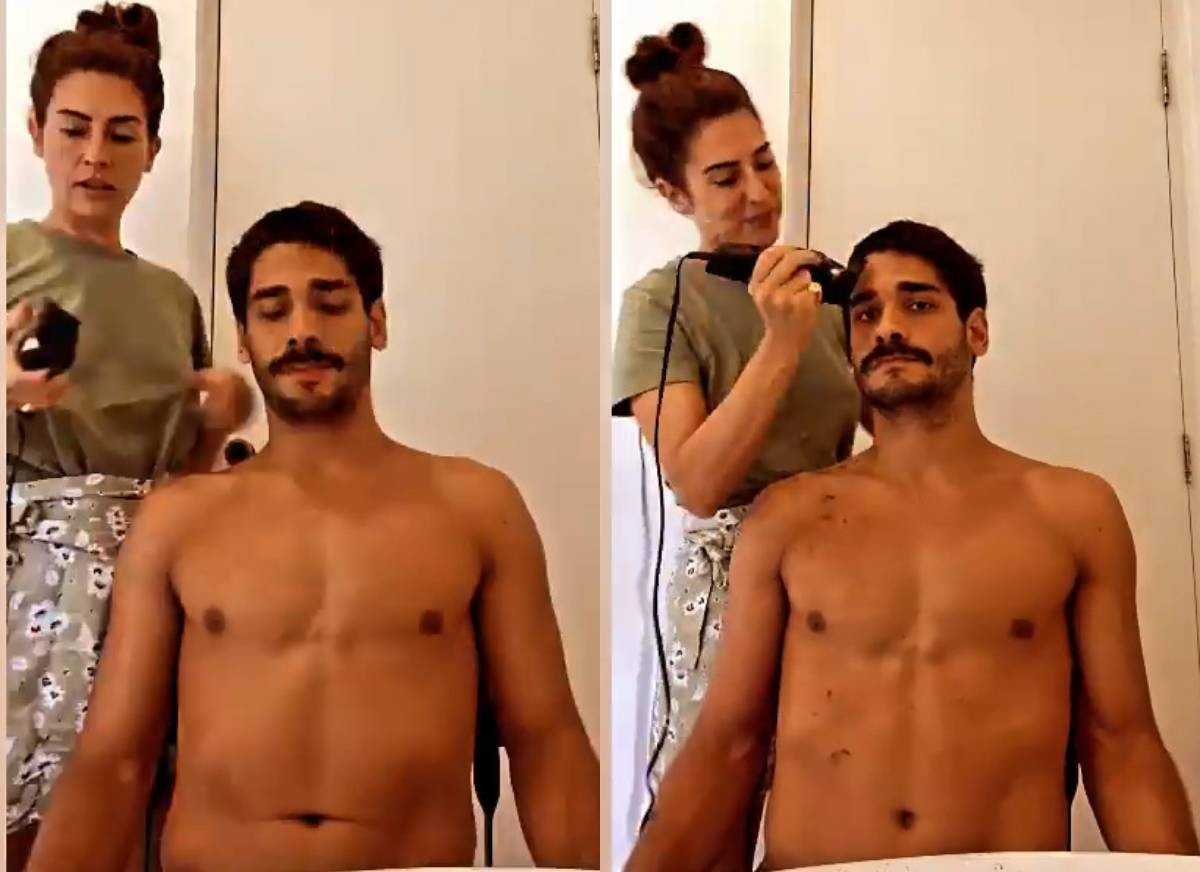 Fernanda Paes Leme raspa os cabelos do namorado (Foto: Reprodução/Instagram)