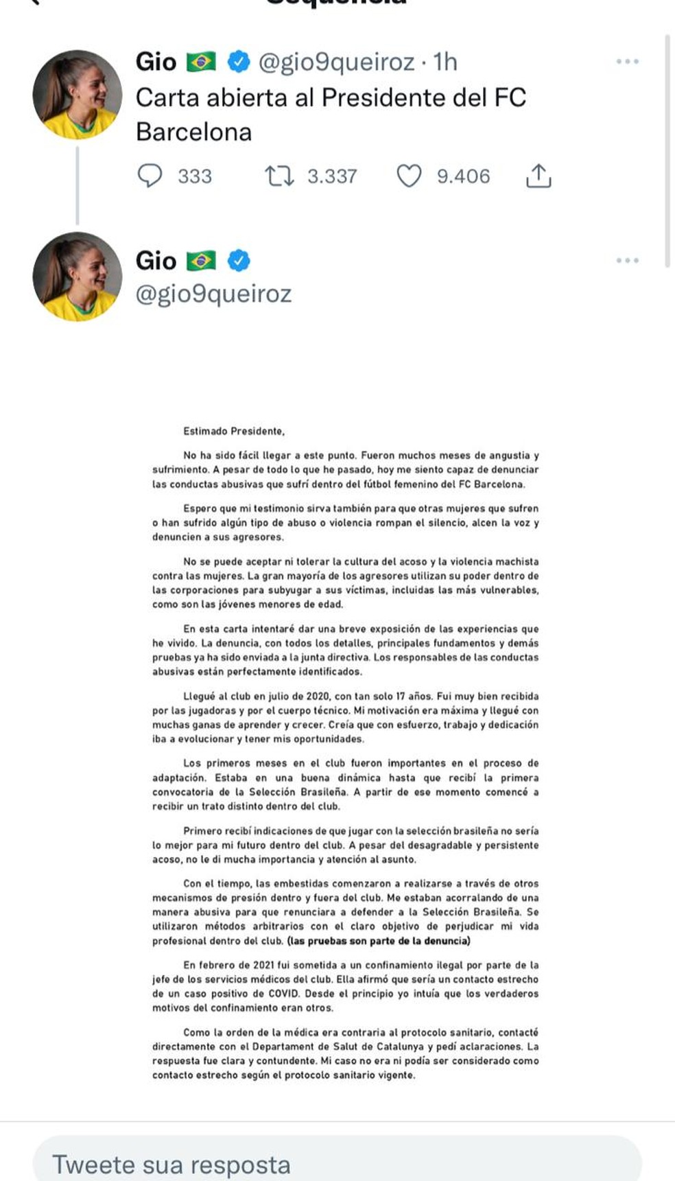 Carta aberta de Gio Queiroz para presidente do Barcelona — Foto: REPRODUÇÃO