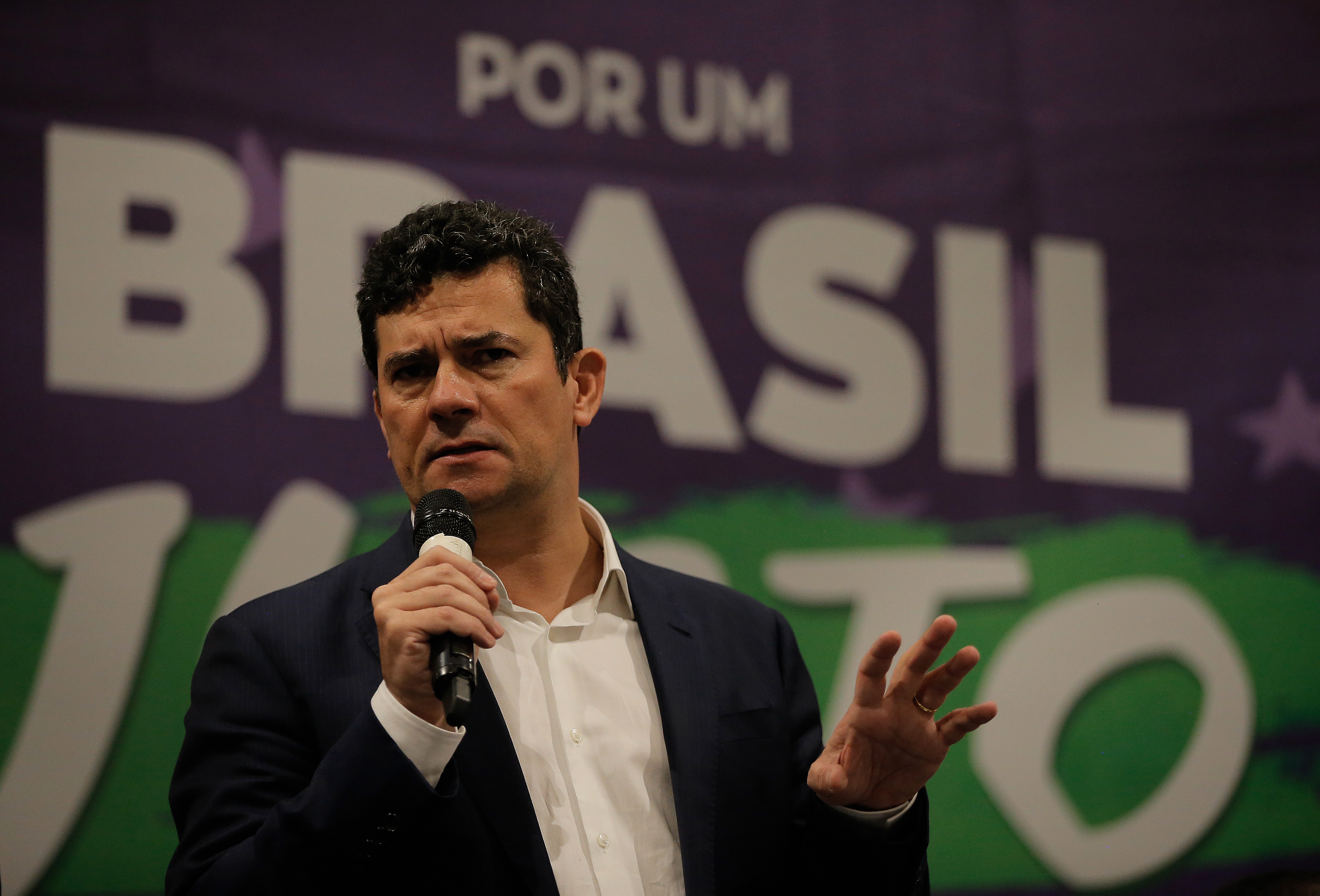 O ex-juiz e ex-ministro Sergio Moro durante filiação do general da reserva Carlos Alberto Santos Cruz ao Podemos, em Brasília