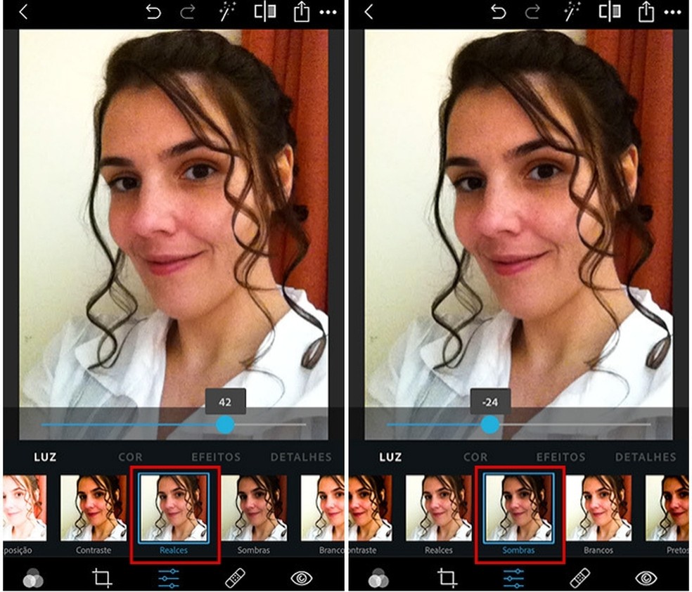 Use as ferramentas Realce e Sombras em conjunto para equilibrar a luz da imagem no app Photoshop Express — Foto: Reprodução/Amanda de Almeida