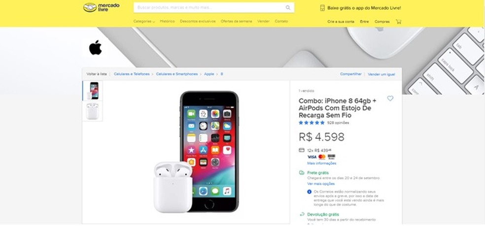 Oferta de Iphone 8 + Aipords no Mercado Livre com frete grátis — Foto: Reprodução/ Mercado Livre