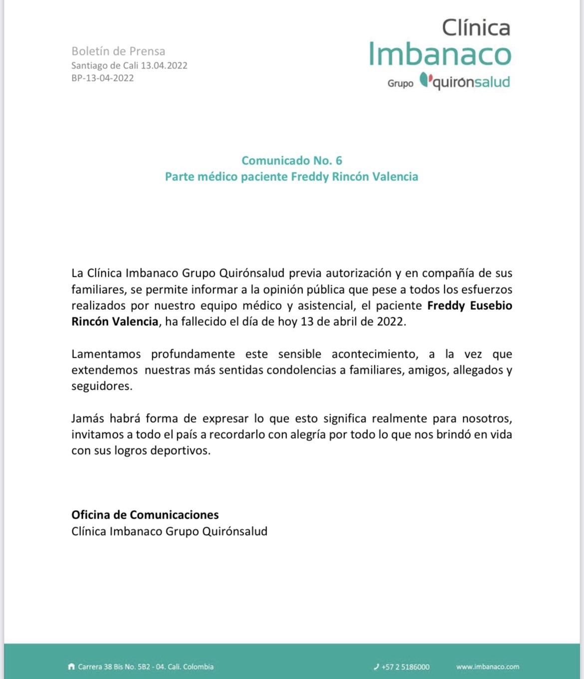 Hospital da Colômbia divulga comunicado anunciando morte de Freddy Rincón (Foto: Divulgação)