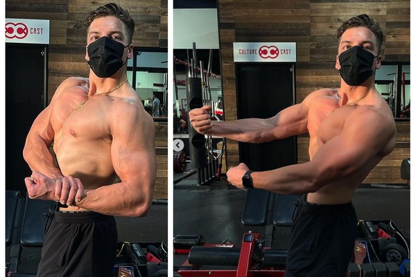 Joseph Baena, filho de Arnold Schwarzenegger, ostentando seus músculos nas redes sociais (Foto: Instagram)