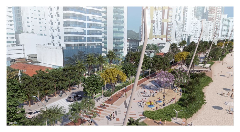 Imagem de projeto de reurbanizao da Praia Central, em Balnerio Cambori, com rvores, postes de iluminao e calado  Foto: PMBC/Divulgao