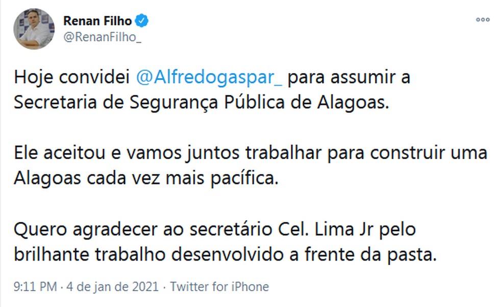 Renan Filho anuncia Alfredo Gaspar como novo secretário de Segurança Pública — Foto: Reprodução