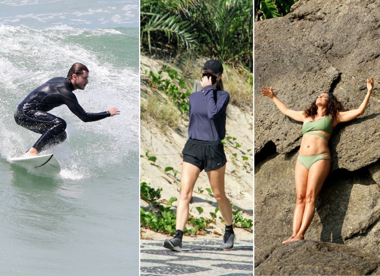 Klebber Toledo, Fiorella Mattheis e Giovanna Gold cuidam do físico em praia carioca (Foto: AgNews)