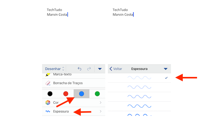 Definindo a cor e a espessura da caneta para desenhar com os dedos no Word para iPhone (Foto: Reprodução/Marvin Costa)