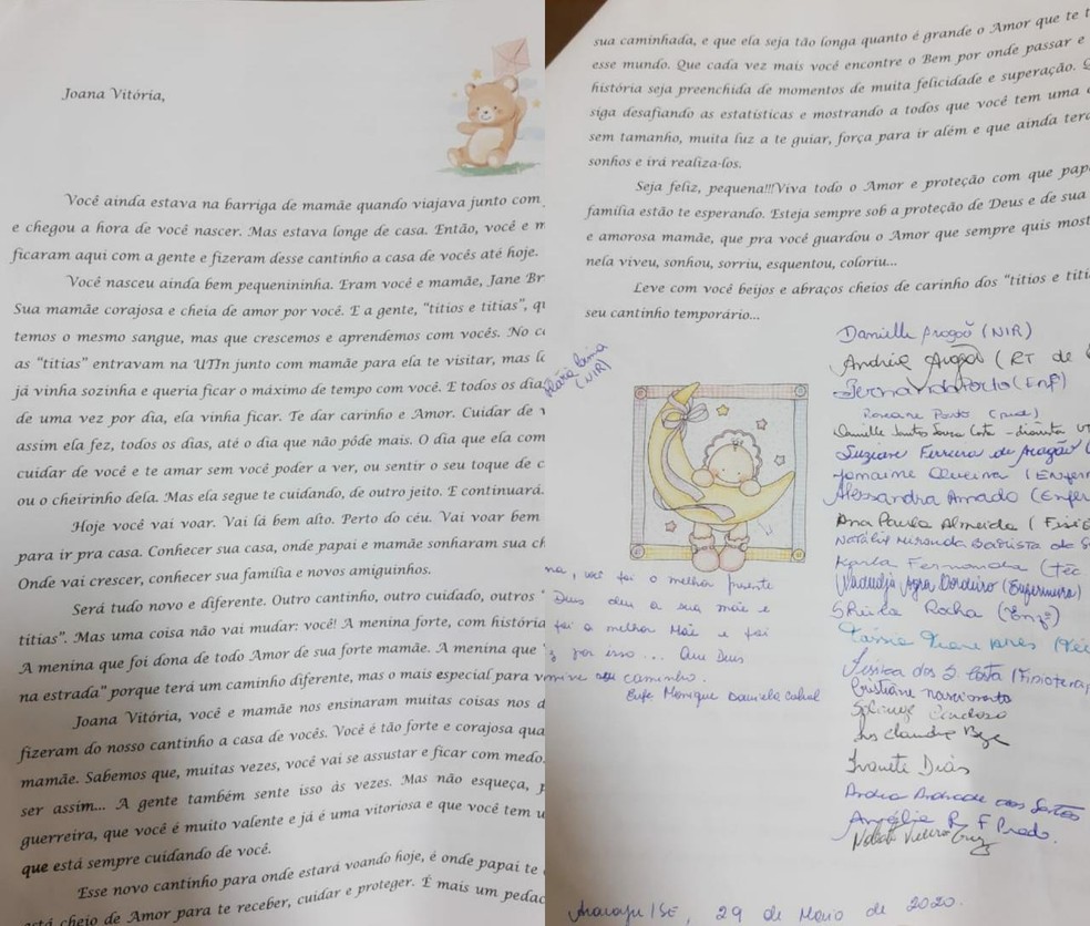 Carta da equipe da maternidade para bebê Joana Vitória levada de Sergipe para SC — Foto: G1