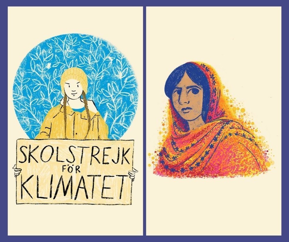 Ilustrações de Fernanda Ozilak que abre os capítulos com as histórias de Greta Thunberg (à esq) e Malala Yousafzai (à dir). — Foto: Fernanda Ozilak/Divulgação