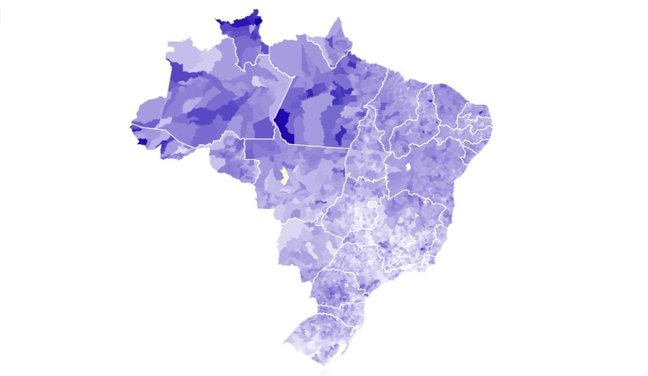 Veja a comparação do desempenho de Bolsonaro por município em 2022 em relação a 2018.