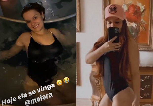 Maiara assiste live de Bruno e Marrone da piscina (Foto: Reprodução/Instagram)