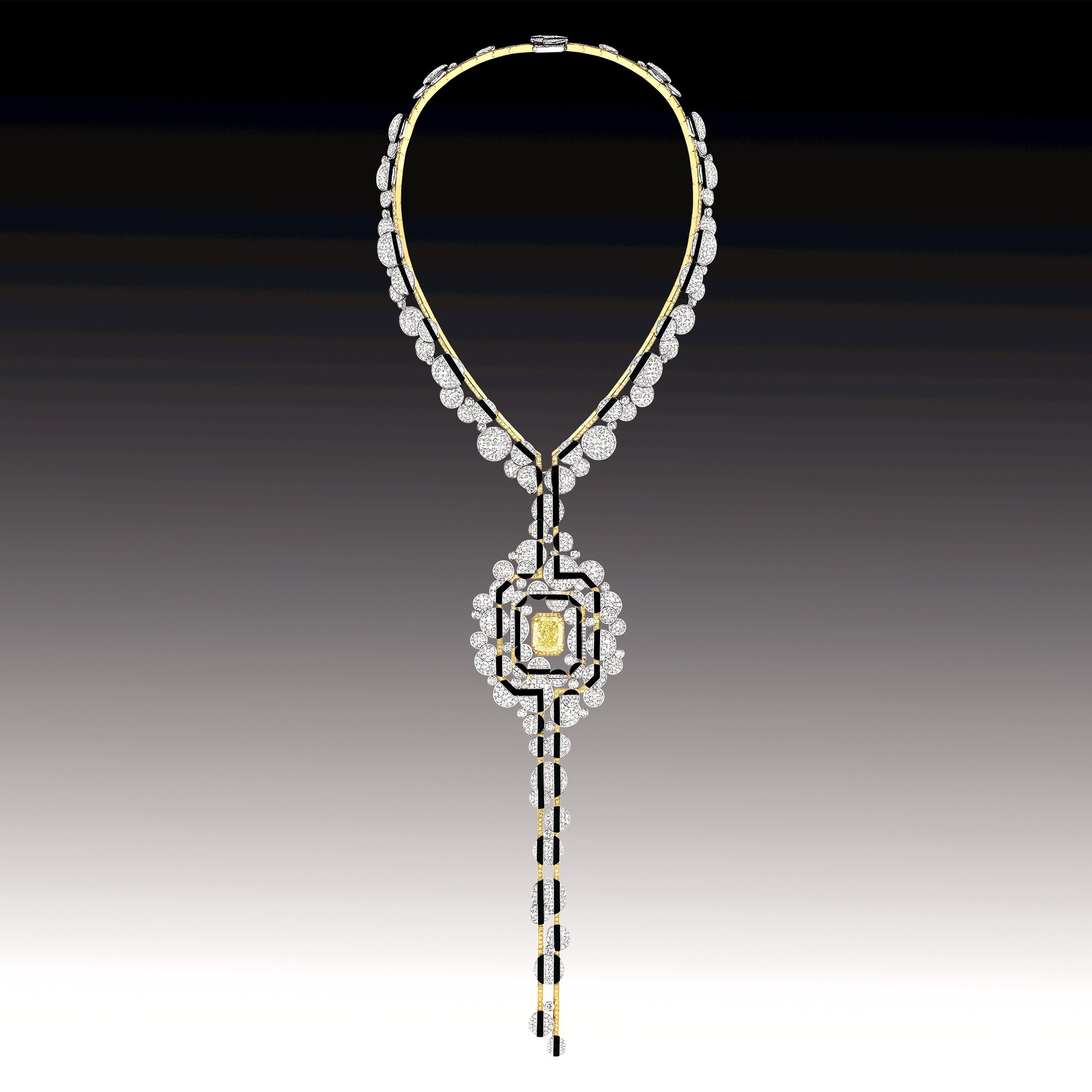 Morning in Vendome necklace in 18-carat white and yellow gold with an emerald-cut 12-carat yellow diamond, carved onyx and 2,160 brilliant-cut diamonds  (Foto: Credit: Chanel Fine Jewellery)