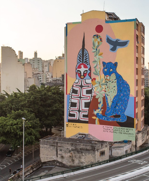 Arte 'Pindorama' pintada por Rimon Guimarães em empena próxima ao Minhocão, no centro de São Paulo (Foto: Reprodução / Converse City Forests)