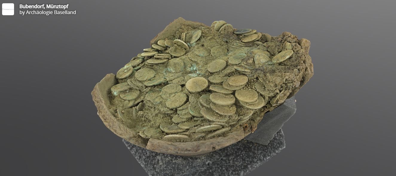 Modelo 3D do pote de moedas romanas descoberto na Suíça (Foto: Archaologie Baselland)