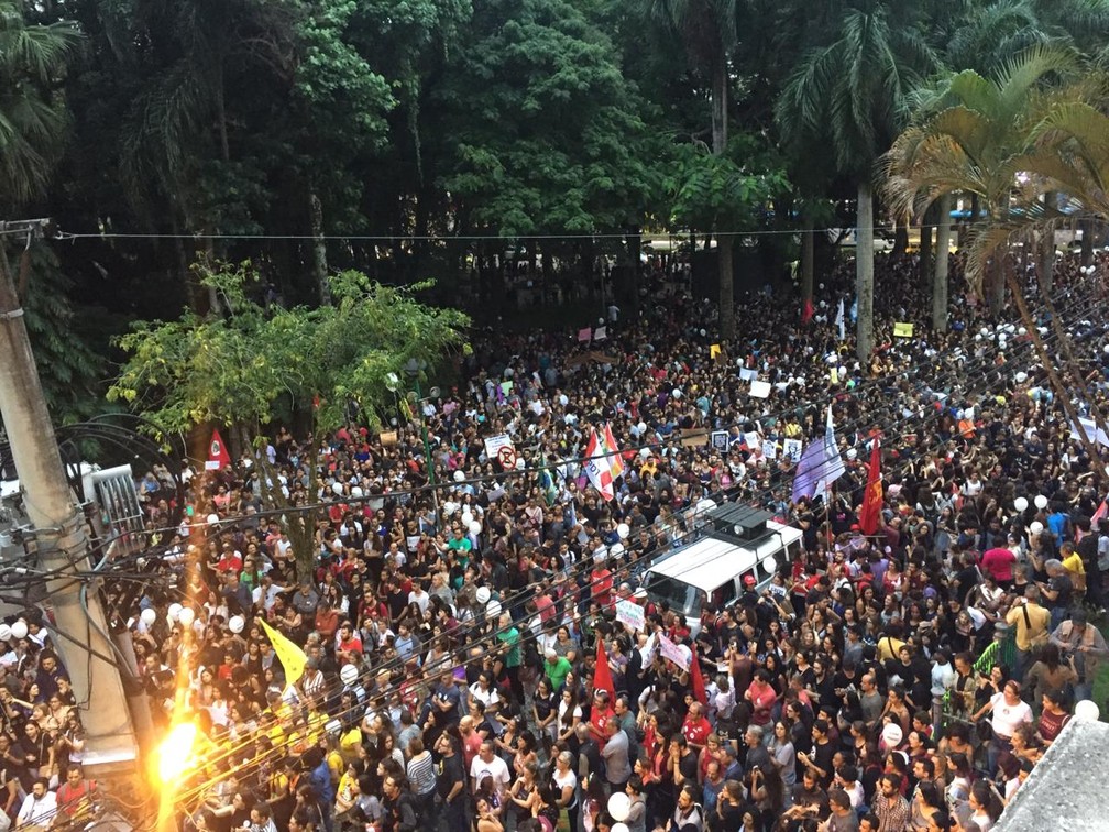 Manifestantes se reÃºnem no Parque Halfeld em Juiz de Fora (MG) â€” Foto: Marcus Pena/G1