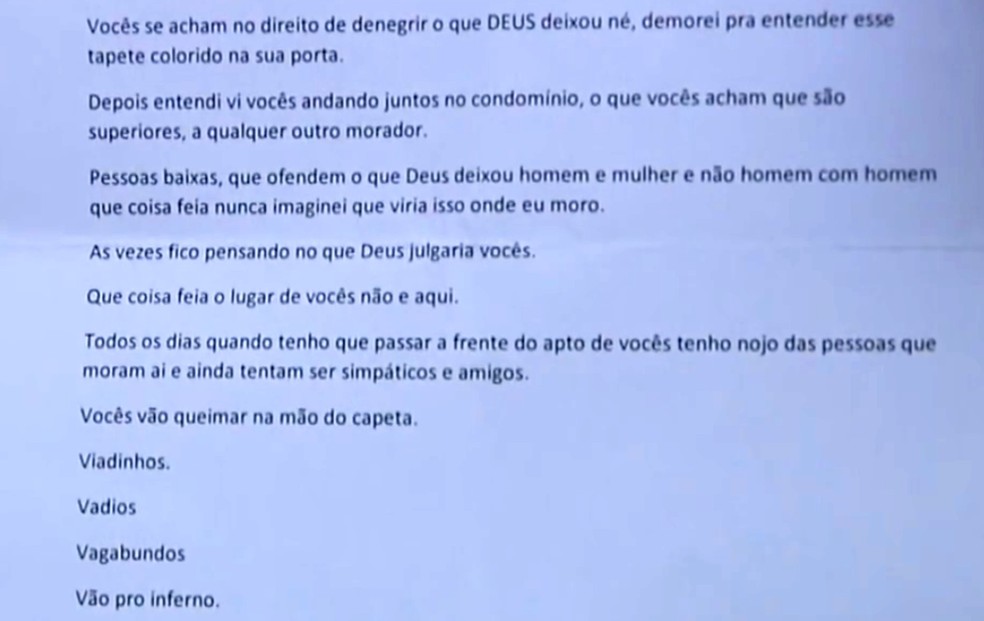 Carta trouxe ofensas ao casal gay. — Foto: Reprodução/RPC Curitiba