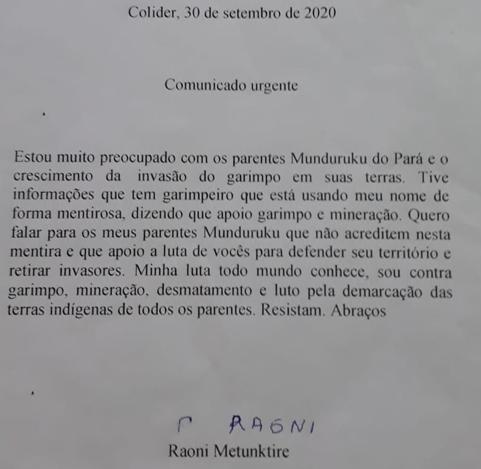 Cacique Raoni emite carta sobre protesto de indígenas Munduruku no Pará. — Foto: Reprodução / TV Liberal