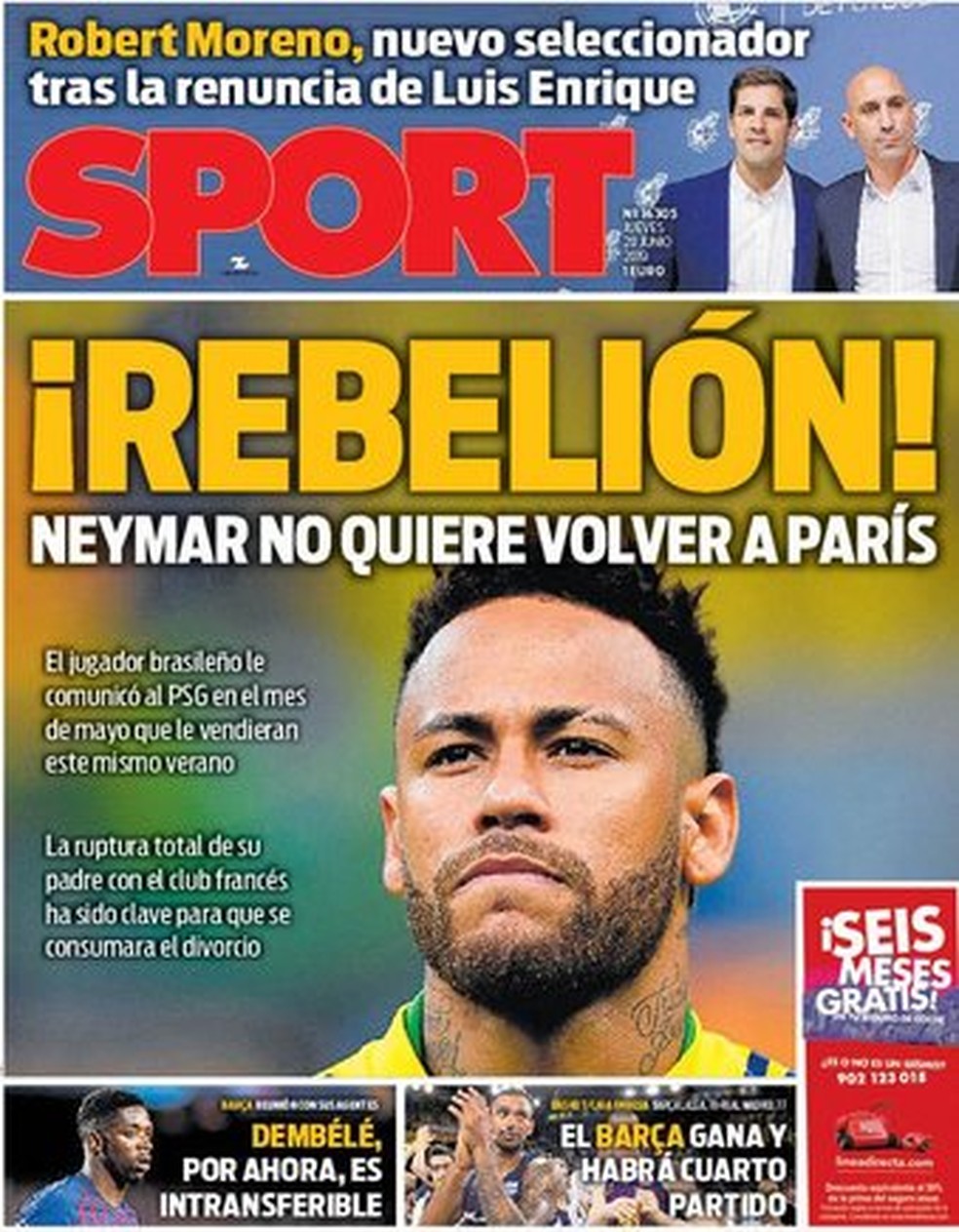 DiÃ¡rio Sport noticia rebeliÃ£o de Neymar em Paris â€” Foto: ReproduÃ§Ã£o / Sport