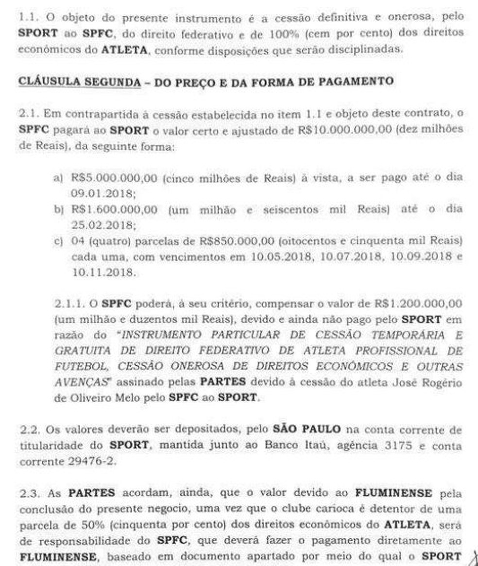 contrato entre São Paulo e Sport (Foto: Reprodução)