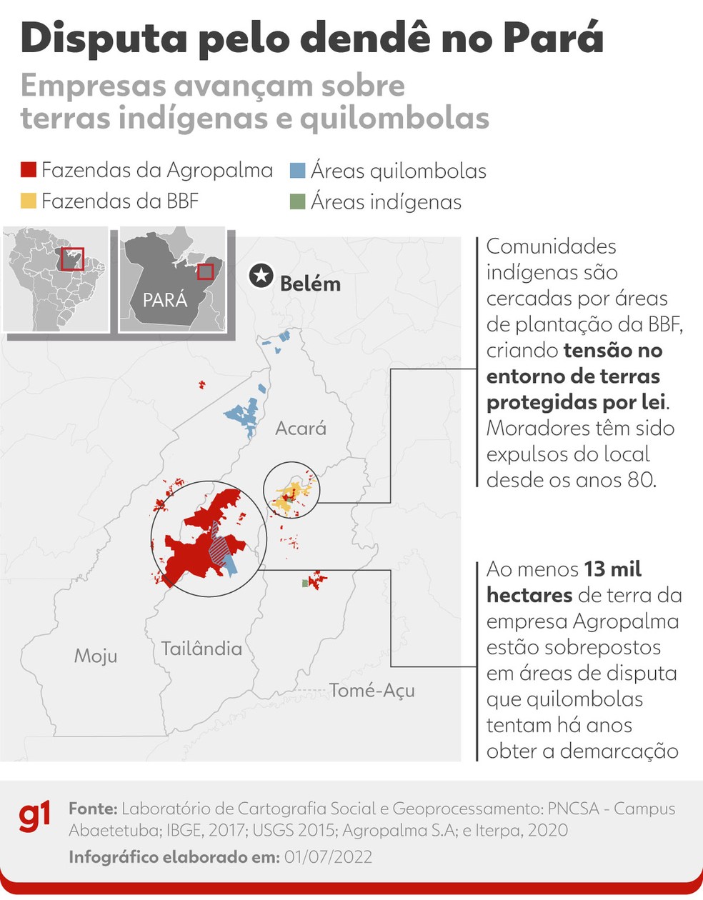 Mapa mostra áreas de cultivo de dendê onde há mais conflitos — Foto: Arte/g1