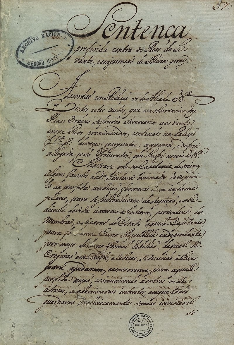 Sentença proferida contra os réus do levante e conjuração de Minas Gerais, 1792 (Foto: Arquivo Nacional)