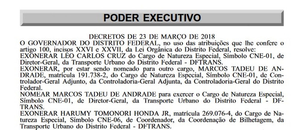 Exoneração do diretor do DFTrans, Léo Carlos Cruz, é publicada no Diário Oficial do DF (Foto: Reprodução/Diário Oficial do DF)