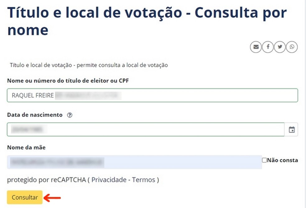 Informações pessoais solicitadas pelo TSE para encontrar domicílio eleitoral do cidadão — Foto: Reprodução/Raquel Freire