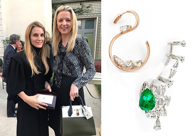 Left: Gaia Repossi with Delphine Arnault of LVMH; Middle: diamonds placed on a rose gold ‘thread’ from the Studio collection; Right: an ear cuff with pear and oval shaped diamonds set with a striking emerald from the High Jewellery collection. (Foto: REPOSSI)