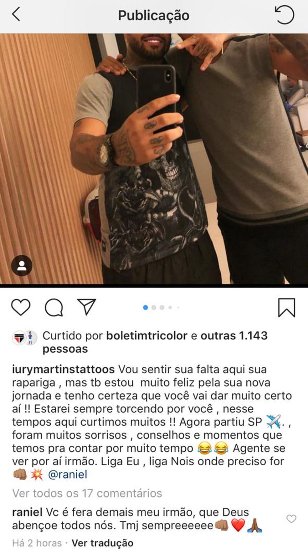 Amigo se despede de Raniel, que estÃ¡ prÃ³ximo de trocar o Cruzeiro pelo SÃ£o Paulo â€” Foto: ReproduÃ§Ã£o