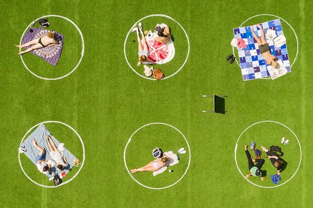 Parque pinta círculos na grama para manter distanciamento social (Foto: Divulgação)
