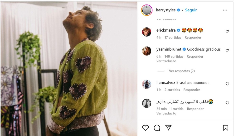 Luiza Brunet elogia foto de Harry Styles mostrando tatuagem do Brasil &mdash; Foto: Reprodu&ccedil;&atilde;o/Instagram