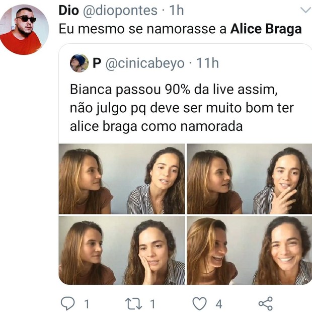 Olhar apaixonado de Bianca Comparato para Alice Braga viraliza na web (Foto: Reprodução)