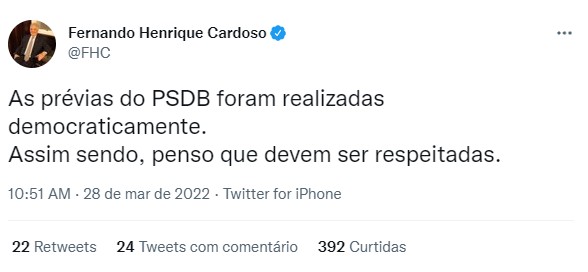 FHC diz que prévias que definiram a pré-candidatura de Doria devem ser respeitadas