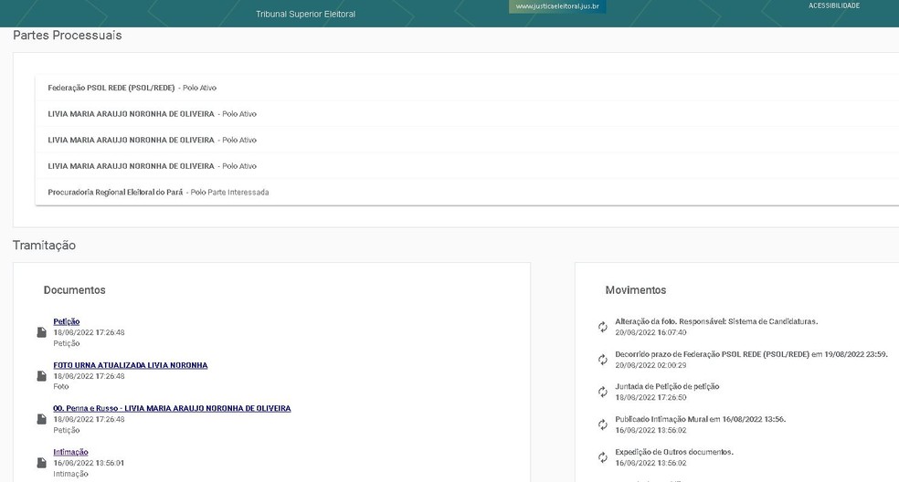 Histórico de alterações processuais da candidata Lívia Noronha (PSOL/PA). — Foto: Reprodução / TSE