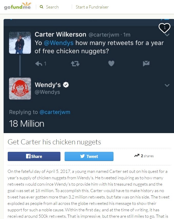 Pedido de financiamento coletivo para ajudar Carter e o seu sonho com nuggets grátis por um ano