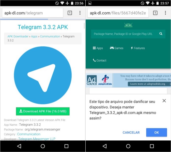Baixando o arquivo APK do Telegram direto no celular (Foto: Reprodução/Helito Bijora) 