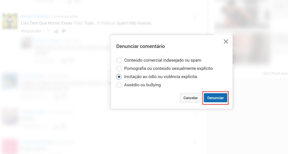 Clique em Denunciar para finalizar sinalização de conteúdo como impróprio no YouTube — Foto: Reprodução/Elson de Souza