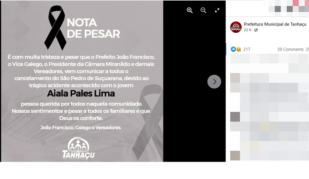 Prefeitura de Tanhaçu divulgou nota de pesar pela morte de Aiala Pales Lima — Foto: Reprodução/Redes Sociais