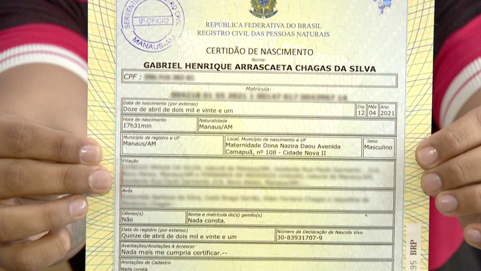 Certidão de nascimento de Gabriel Henrique Arrascaeta Chagas da Silva — Foto: Reprodução