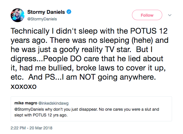 A declaração de Stormy Daniels tratando de seu affair com o presidente dos EUA, Donald Trump (Foto: Twitter)