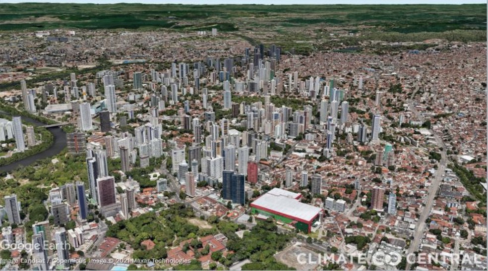 Recife, vista da região da Casa Amarela, situação atual — Foto: Climate Central/Divulgação