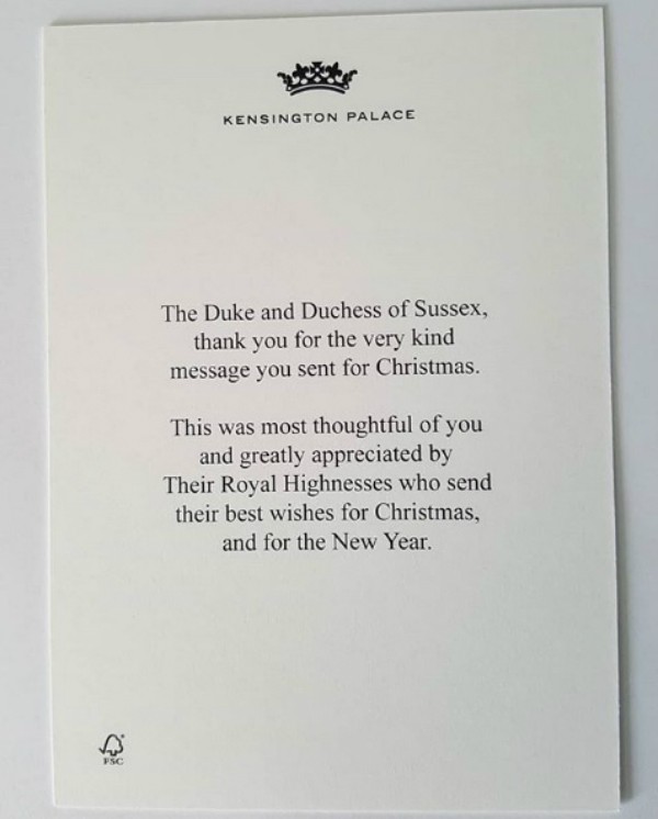 Verso do cartão enviado por Meghan Markle e o Príncipe Harry  (Foto: Reprodução Instagram)