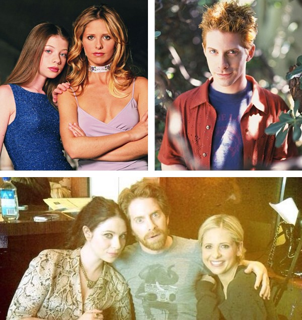 O elenco de ‘Buffy, A Caça-Vampiros’ e na segunda foto, Michelle Trachtenberg, Seth Green e Sarah Michelle Gellar hoje em dia (Foto: Reprodução / Twitter)