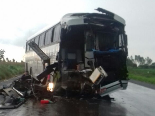 Ônibus bate na traseira de caminhão após árvore cair na rodovia em Campinorte, Goiás (Foto: Divulgação/PRF)