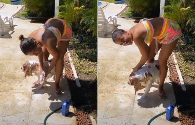 Anitta dá banho em Olavo em casa (Foto: Reprodução/Instagram)