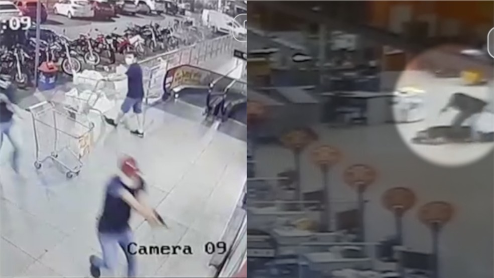 Vídeo de câmera de segurança mostra criminosos entrarem no supermercado e render segurança — Foto: Reprodução