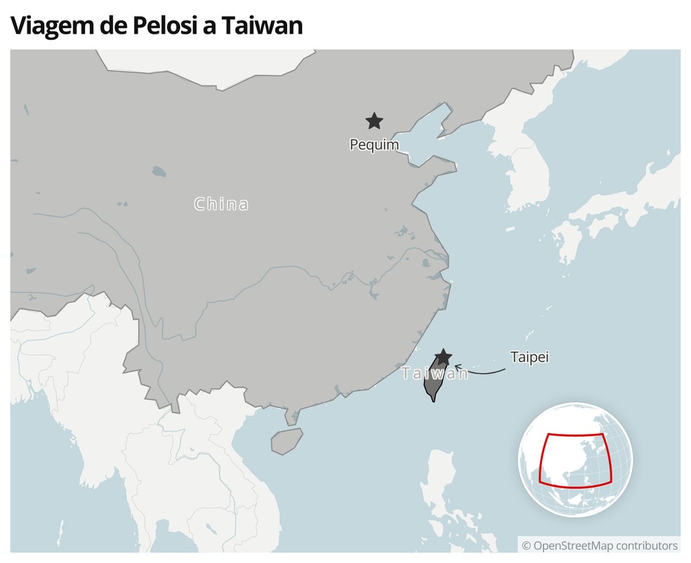 Mapa mostra a localização de Taiwan, perto da China — Foto:  g1