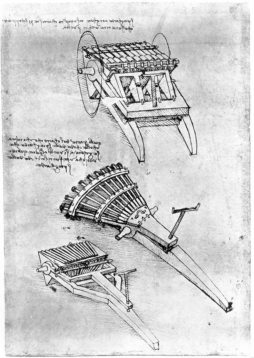 Nos desenhos de diferentes armas que Da Vinci fez, ele teve que observar como era a trajetória das balas quando eram disparadas — Foto: GETTY IMAGES