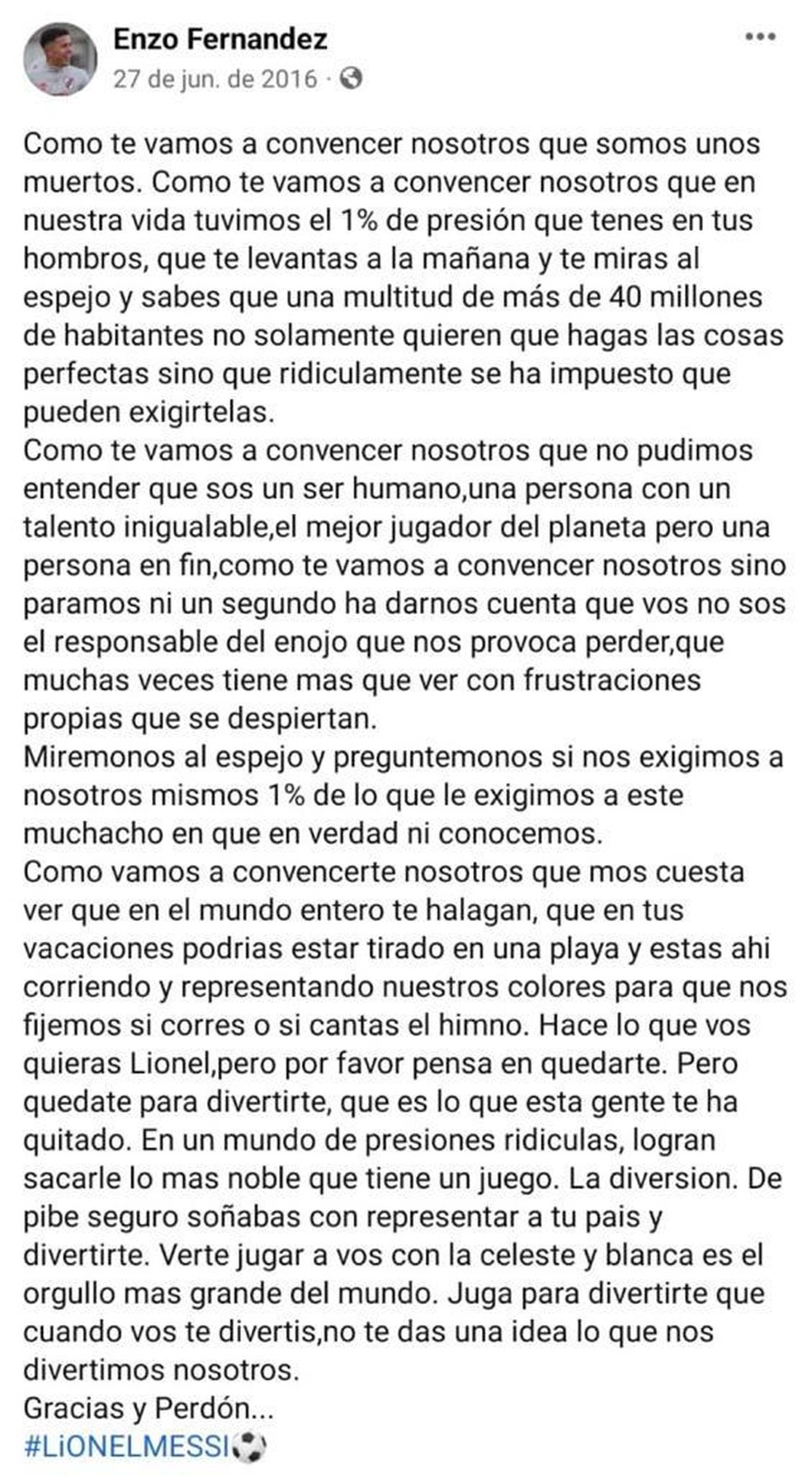 Carta de Enzo Fernández a Messi no Facebook em 2016 — Foto: Reprodução